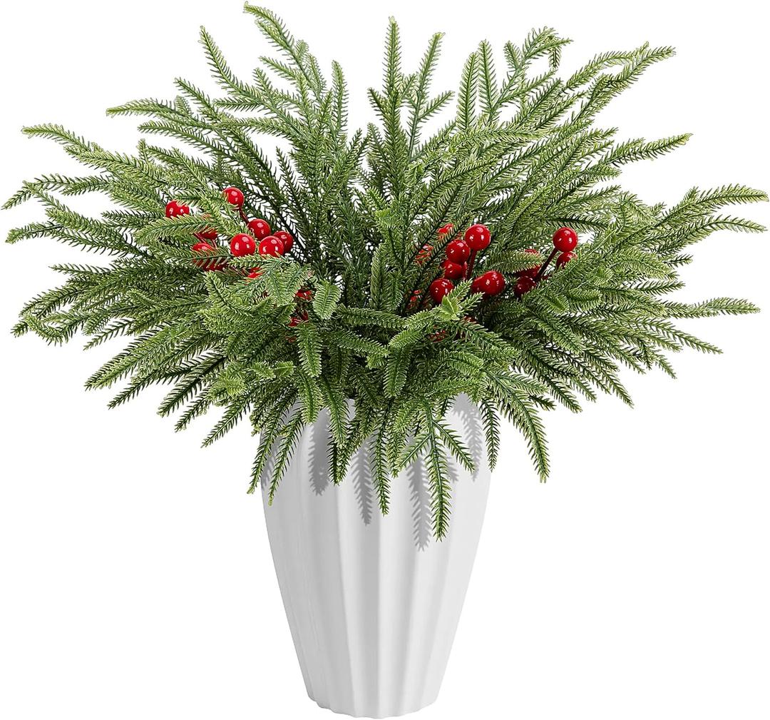 Watayo 45 Pcs Christmas Norfolk Pine Branches with Red Berry Stems, 14" Artificial Greenery Norfolk Pine Stems Sprigs, Fake Foliage Pine Needles Picks for DIY Craft Garland Home Decoration