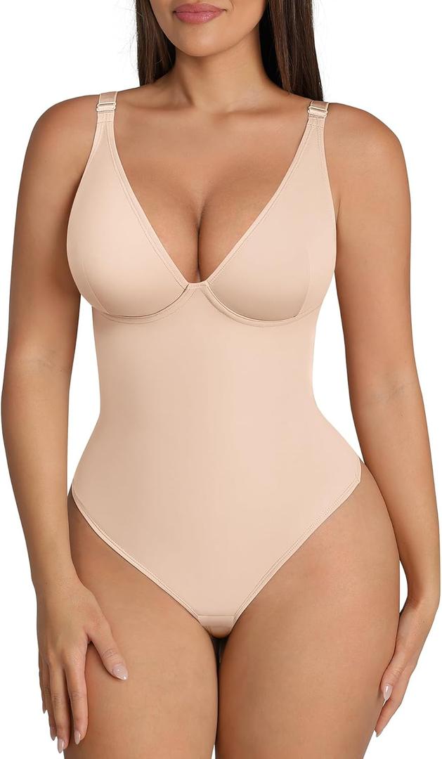 FeelinGirl Shapewear Bodysuits for Women Tummy Control Body Suits Deep V Neck Thong Body Shaper (Medium, Nude)