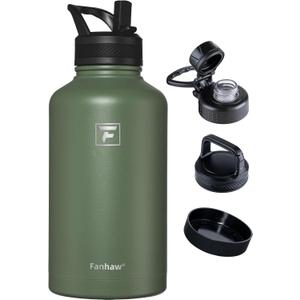 Fanhaw 64 oz Insulated Water Bottle  Large Stainless Steel Jug with 3 Lids (Straw, Spout, Carabiner) | Heavy-Duty, for Camping, Backpacking, Long Hikes & Outdoor Work (Olive Green)