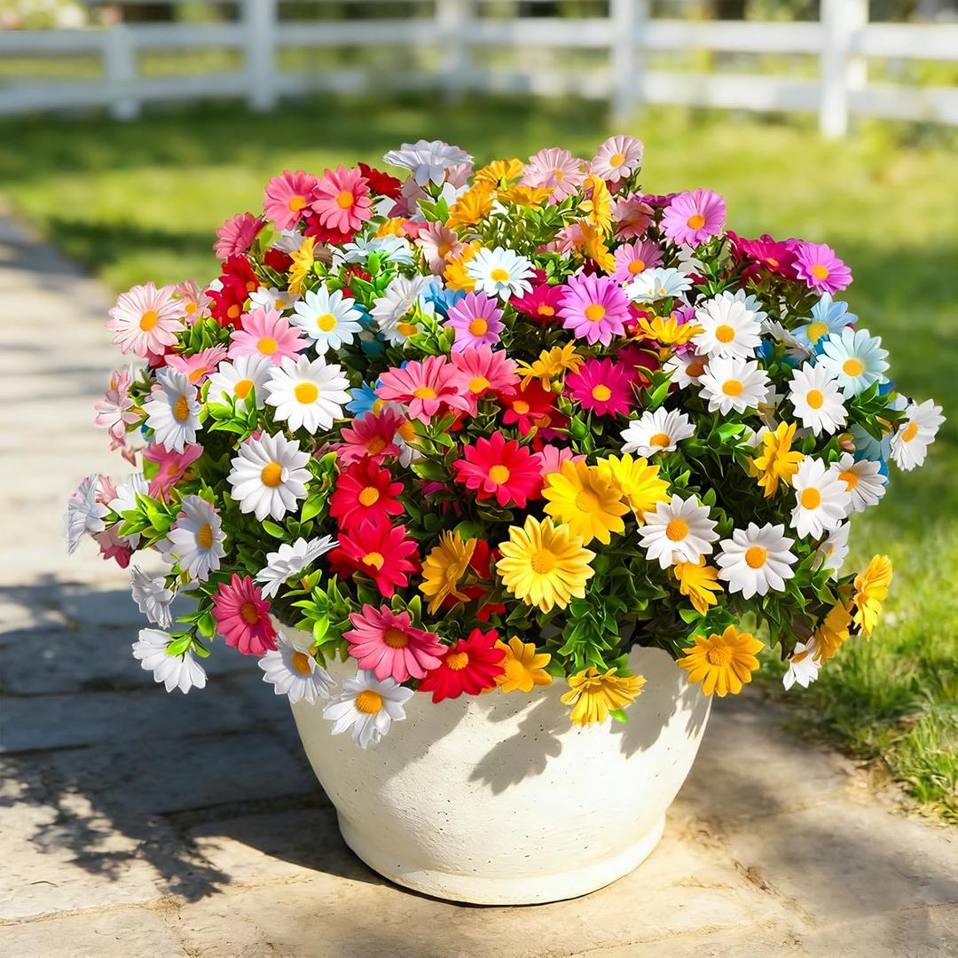 24Pcs Artificial Flowers for Outdoors UV Resistant，Colorful Daisy Fake Flowers Bouquet Weatheroof Faux Flowers for Outdoor Planter Real Touch Silk Flowers for Front Door Garden Proch Patio