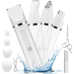 4 in 1 Dog Grooming Kit, Cordless Dog Clippers for Grooming, Low Noise Paw Trimmer Electric, Cat Hair Clippers Kit with Nail Grinder, Rechargeable Pet Hair Shaver for Small & Large Cat Pet (White)