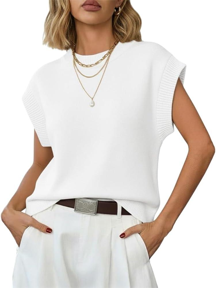Womens Sleeveless Sweater Vest Crewneck Cap Sleeve Knit Tops Trendy Summer Fall Business Casual Shirts Tank Top, XL