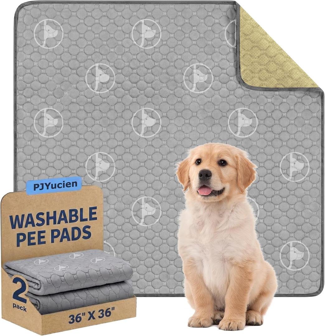 PJYucien Washable Pee Pads for Dogs 2 Pack, 36" x 36" Non-Slip and Leak-Proof Pee Mat, Puppy Training Pads for Whelping, Playpen, Crate, Bed (Grey) (Gray White)