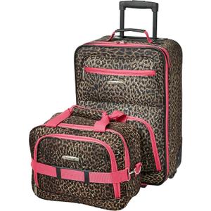 Rockland Fashion Softside Upright Luggage Set, Expandable,Lightweight,Telescopic Handle,Wheel, Pink Leopard, 2-Piece (14/19) (2-Piece Set (14/19))