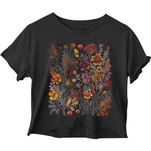 Woffccrd Womens Short Sleeve Crop Tops Wildflower T-Shirts Crew Neck Summer Casual Loose Graphic Tee Tops (M, 3 Dark Grey)
