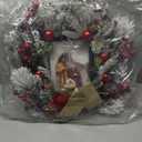 22 Inch Pre-Lit Artificial Christmas Wreath with Jesus Figurine Nativity Scene Glitter Ball Ornaments Snow Flocked Cedar Branches Pine Needles Berries and Timer for Christmas Decor Front Door Mantel
