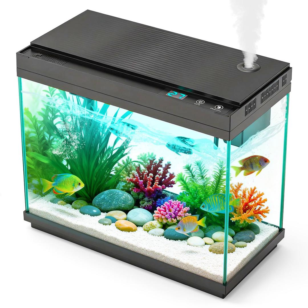 Smart Aquarium Fish Tank with Silent Water Pump, 2.4 Gallon Small Aquarium with Quick Start Kit, Temperature Display, Humidifier and RGB Lights, Perfect for Home, Office, and Decor, Black