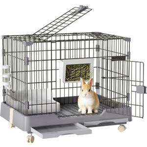 Deluxe Rabbit Cage with Trays & Wheels Large Space Bunny Cage Indoor Gray (34.64"L x 22.44"W x 25.6"H)