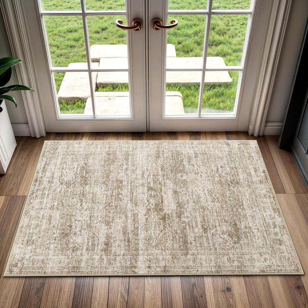Soalmost 2x3 Washable Rugs for Kitchen, Floor, Entryway, Powder Room Small Area Rug Non-Slip Vintage Low Pile Throw Door Mat Brown