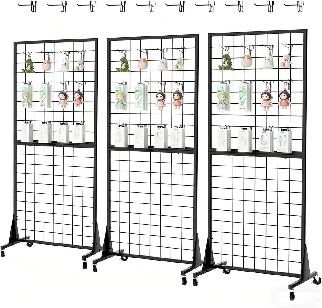 3-Pack 2'x5.5' Ft Gridwall Panel Display Stands Heavy Duty Floor Standing Retail Display Rack with Triangle Base for Retail Art Show with 20 Hooks