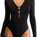 Avidlove Long Sleeve Bodysuits for Women Sexy Cutout Plunge Deep V Neck Thong Bodysuit Double Line Going Out Tops O-Ring XL