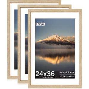 24X36 Poster Frame, Display Pictures 20X30 with Mat or 24X36 Without, Wall Hanging Frames, Natural Oak, 3 Pack