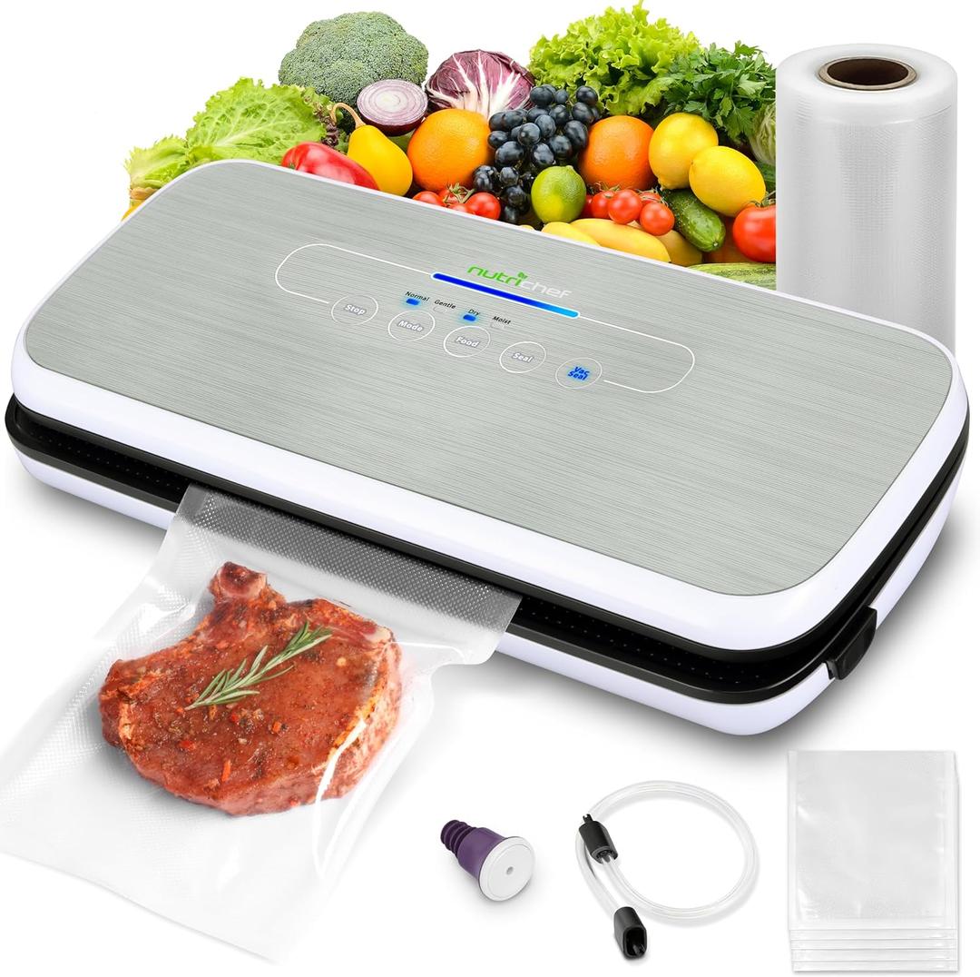 NutriChef Automatic Food Vacuum Sealer, Electric Air Sealing Preserver System for Dry and Moist Foods, LED Control, Strong Suction, Includes Bags, Wine Stopper Cork, and Air Suction Hose, 14x6x3