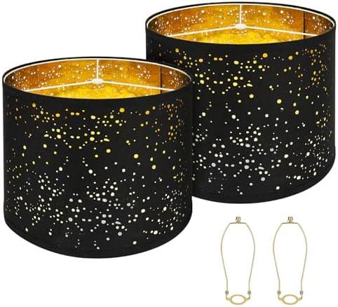 Large Lamp shades Set of 2 Starlight Light Effect Drum Lamp shades 15" Top x 15" Bottom x 12" High,Spider Fitter, Come with 10" Gold Lamp shade holder set of 2 Easy Assembly Required Black