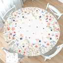 Spring Summer Floral Round Fitted Tablecloth with Elastic Watercolor Farmhouse Wildflower Circle Table Cloth for 40-44" Tables Wipeable Waterproof Easter Flower Table Cover for Picnic Dining Outdoor