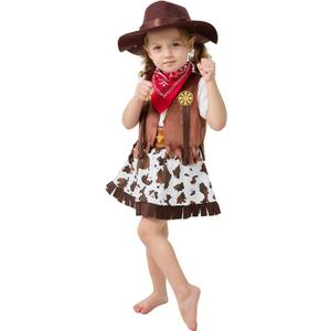 LXKIKMM Kids Cowgirl Costume Outfit Western Themed Cosplay Denim Skirt and Vest Set (18-24 Months, Brown With Red)