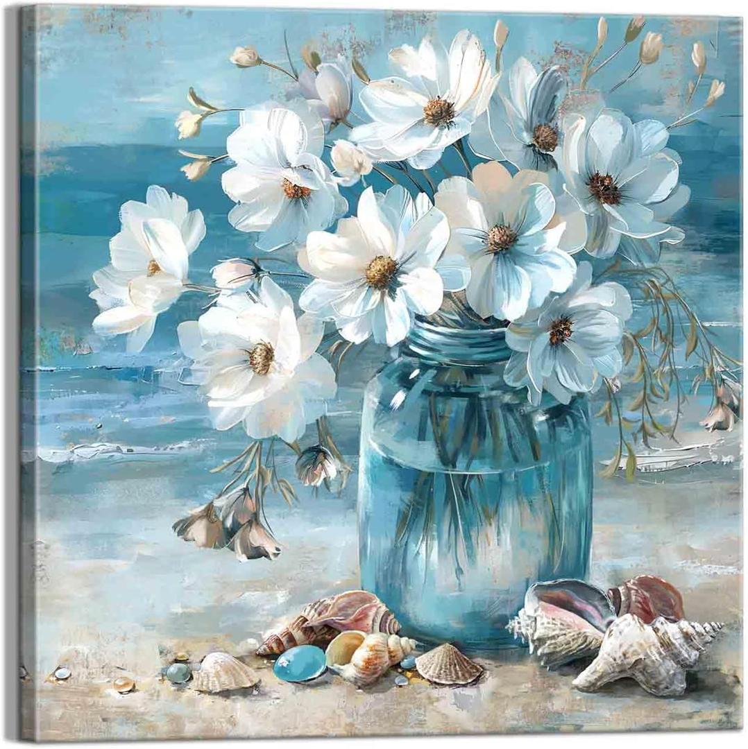 YUEYARIT Bathroom Decor Beach Wall Art Ocean Theme Blue Picture Canvas Print Modern Coastal Artwork Framed Hanging Dining Office Living Room, Vase, 20"L x 20"W