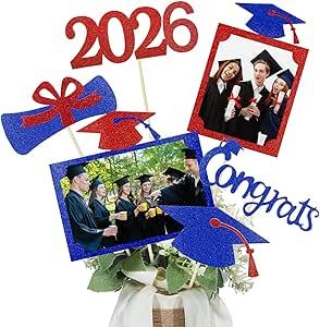 Qinyoung 2026 Graduation Decorations 30 Pcs Glittering Graduation Centerpiece for Tables Sticks Class of 2026 Grad Photo Centerpiece Party Decoration for Table Toppers(Blue Red)  4.5 (153 reviews)