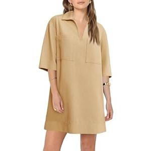 Fisoew Womens Denim Shirt Dress Summer Collared V Neck Mini Casual Jean Dresses with Pockets (X-Small, Khaki)