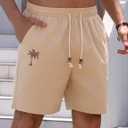 Men's Cotton Shorts Drawstring Waist Embroidered Tree Summer Vacation Beach Shorts (Beige, L)
