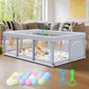 Fshibila 74" 50" Large Baby Playpen, Baby Playard for Babies and Toddlers, PlayPen for Indoor & Outdoor, Sturdy Safety Play Yard with Soft Breathable Mesh, Anti-Fall, Ball x 18, Handle x 2, Grey