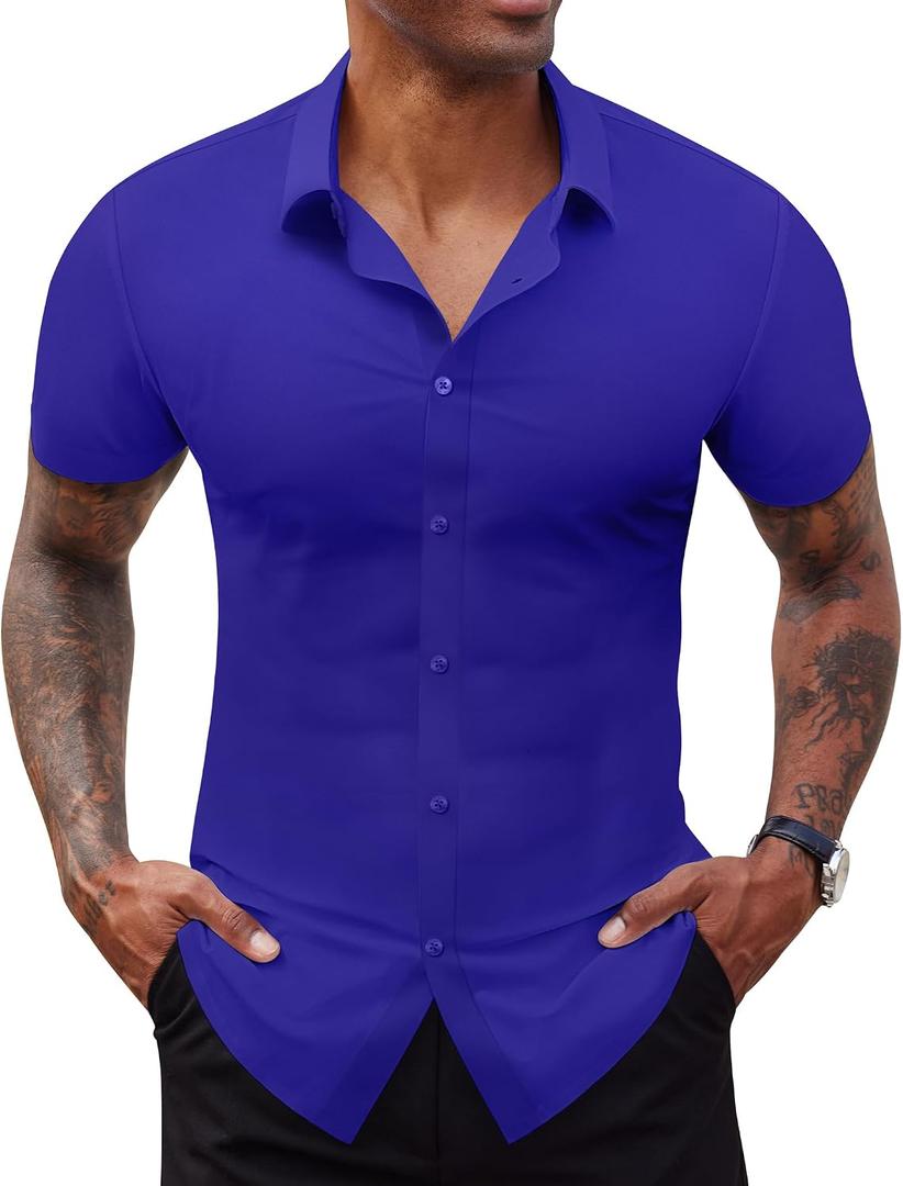 Lion Nardo Stretch Dress Shirts for Men Short Sleeve Slim Fit Casual Button Down Shirts Muscle Fit Men's Dress Shirts, L
