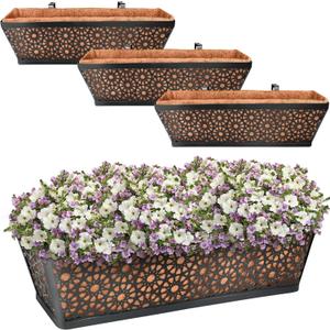 Halatool 24 Inch Window Box with Coco Liner, 4 Pack Sturdy Metal Flower Railing Planter with Coco Coir Basket Liners for Window Deck Fence Porch Balcony and Patio Outdoor Indoor Lawn