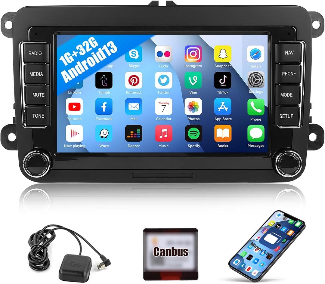 1+32GB Android Car Radio Stereo for Volkswagen VW Jetta Tiguan Beetle Passat Golf Polo Skoda 7" Touch Screen Car Stereo with GPS Navigation WiFi Bluetooth FM RDS Audio Receiver Dual USB SWC Head Unit