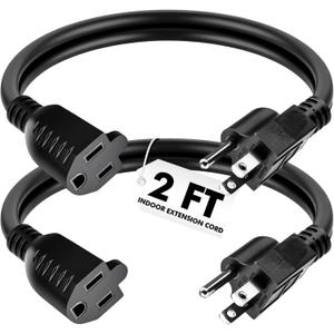Kanayu 5 Pcs 2 ft Black 3 Prong Extension Cords, [ul Listed] 13a 125v 1625w, Indoor Outlet Extender Male and Female Power Cables, Flexible for Home, Garden, Office and Christmas Lights Decorations