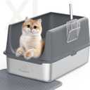 Stainless Steel Cat Litter Box with Lid - Extra Large Litter Box Rust-Proof & Odor-Resistant Open Top for Multiple Cats,14'' High Sided Metal with Scoop & Mat, Easy Cleaning