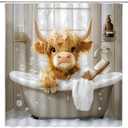 Highland Cow Shower Curtain Funny Bull in Bathtub Bubbles Western Rustic Farmhouse Cattle Cute Calf Wooden Board Watercolor Animal Bathroom Decor Polyester Curtains with Hooks,70Wx70L