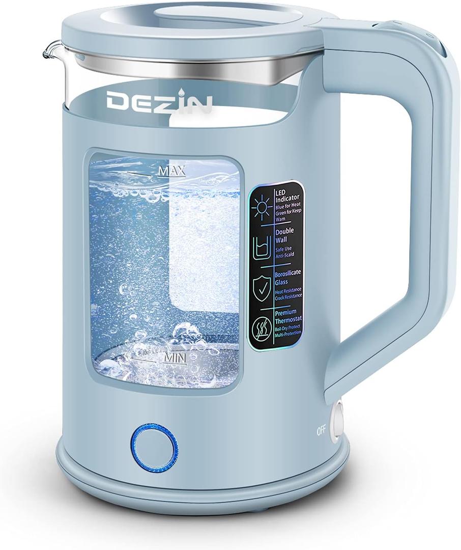Dezin Electric Kettle with Keep Warm Function, BPA Free Window-Glass Double Wall Design Electric Tea Kettle, 1.5L Bicolor LEDHot Water Kettle with Auto Shut-Off and Boil Dry Protection for Coffee, Tea (Blue)