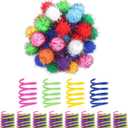 SEVENKA Cat Toys 30 Pcs Color Flash Balls and 36 Spring Toys, 1.1in Small Soft Cat Ball Tinsel Pom Poms, Kitten Toy, Plastic Spiral Springs for Swatting, Biting, Hunting, Active Healthy Play