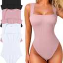 OQQ Women's 3 Piece Bodysuits Sexy Ribbed Strappy Square Neck Sleeveless Tummy Control Tank Tops Bodysuits (Large, Black, Hide Pink, White)