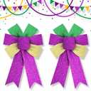 2 x Hying 2 Pieces Mardi Gras Bows for Wreath, Fat Tuesday Wreath Bows Glitter Green Purple Gold Bows New Orleans Holiday Craft Bows for Front Door Carnival Masquerade Cosplay Party Decor Supplies