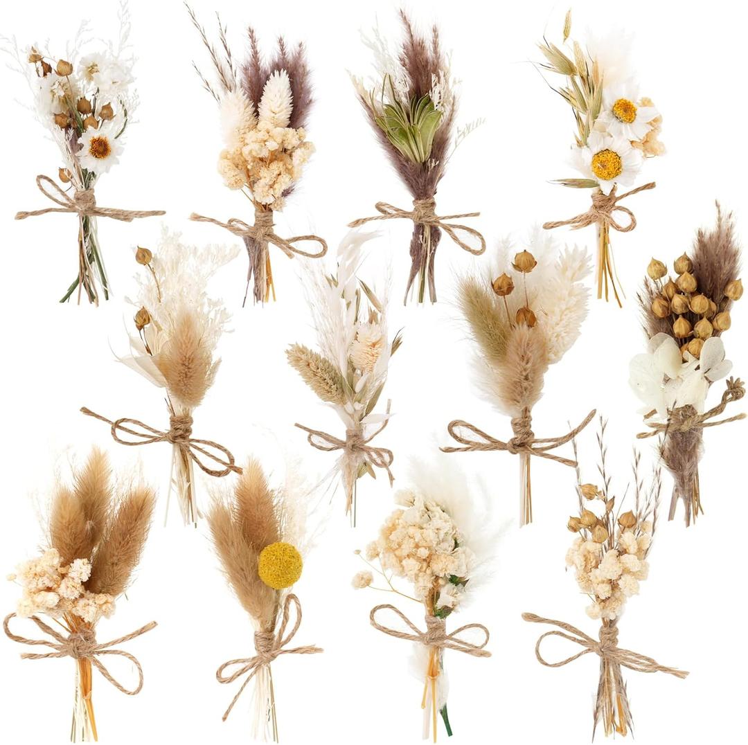 12 Pack Dried Flower Bouquet Mini Natural Pampas Grass for Crafts Small Dried Embossing Florat with Stem Boho Artificial Arrangement Wedding Derco Flowers Bundles for Vases, Wedding, Home, Party