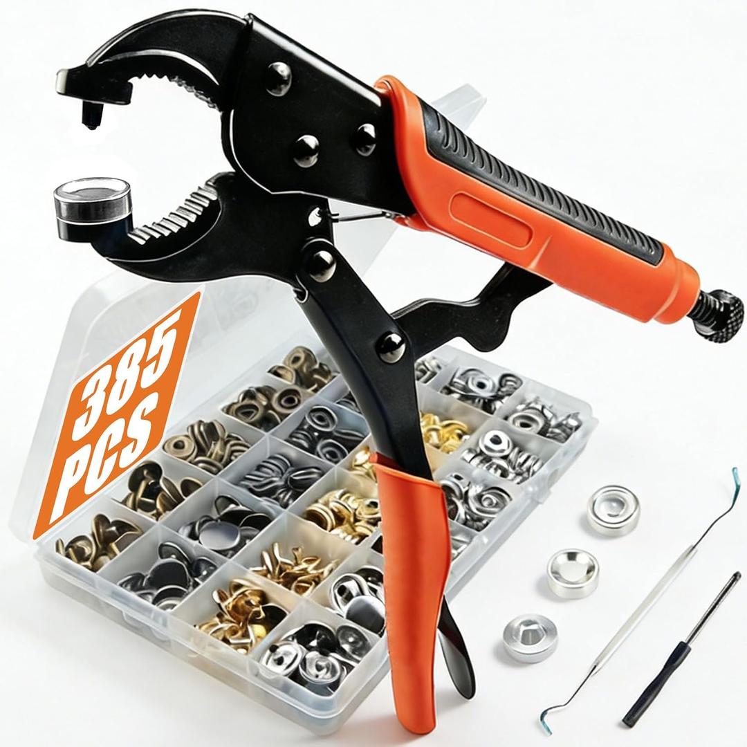 385 PCS Snap Fastener Tool Kit with Snap Buttons for Fabric, Boat Cover, Canvas tarp, Leather, Clothing, Heavy Duty Snap Setter Tool，Metal Snap Buttons with Fastener Pliers kit, 100 Sets 4 Color