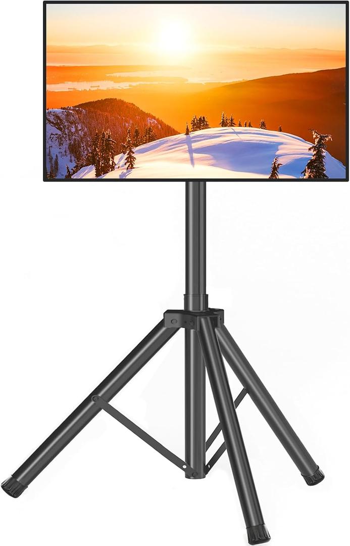 Tripod TV Stand for 23-75 inch Flat Screen/Curved TVs up to 100 lbs, Outdoor TV Stand with 15 Tilt, Height Adjustable Portable TV Stands with Safety Design, Max VESA 600x400m, Black