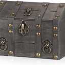 ELLDOO Vintage Treasure Chest Box, Pirate Keepsakes Box for Kids Gifts Pirate Theme Party, Wooden Treasure Storage Box Decorative Box for Jewelry Pearl Trinkets, Vintage Grey