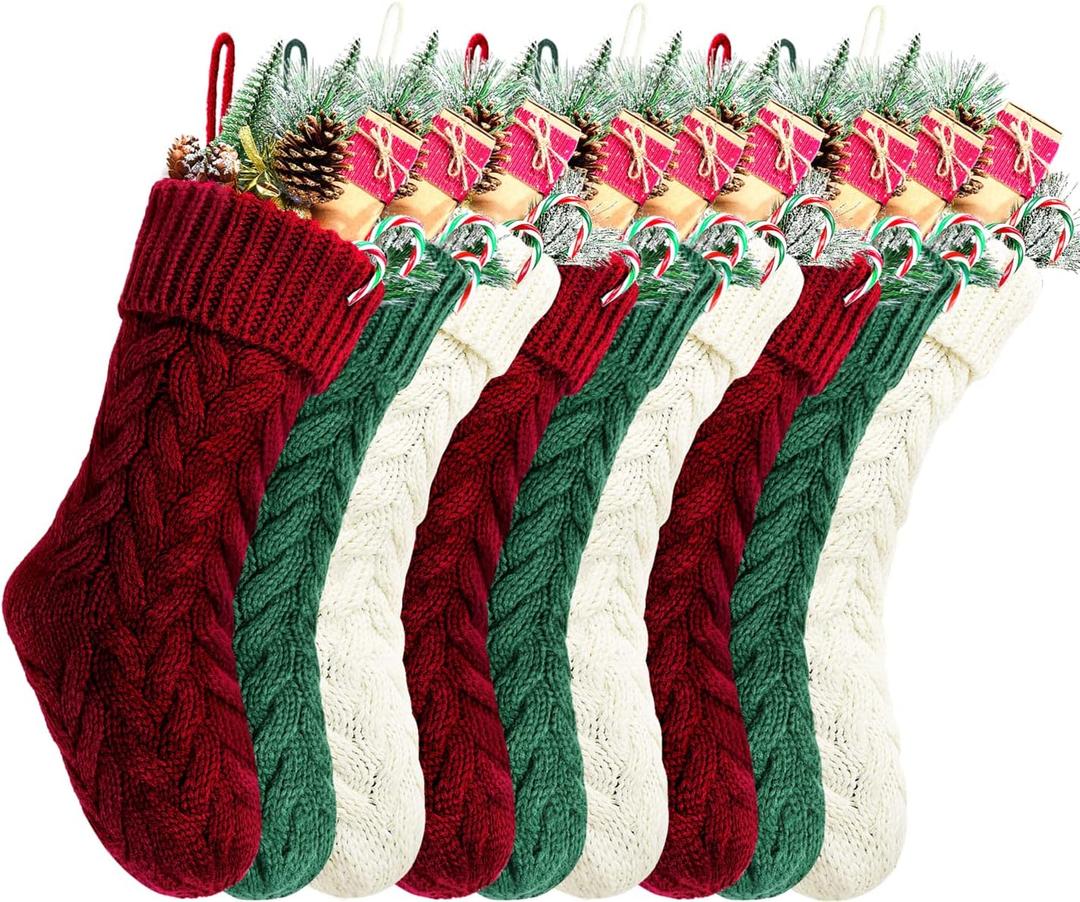 Christmas Stockings, 18 Inches Burgundy, Ivory and Green Cable Knitted Stocking for Xmas Holiday Decoration, 9 Pack