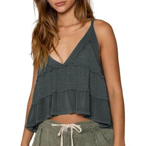 VNIRA Womens Sleeveless Peplum Spaghetti Strap Babydoll V Neck Ruffle Loose Fit Waffle Knit Crop Boho Tank Tops (Large, Dark Grey)