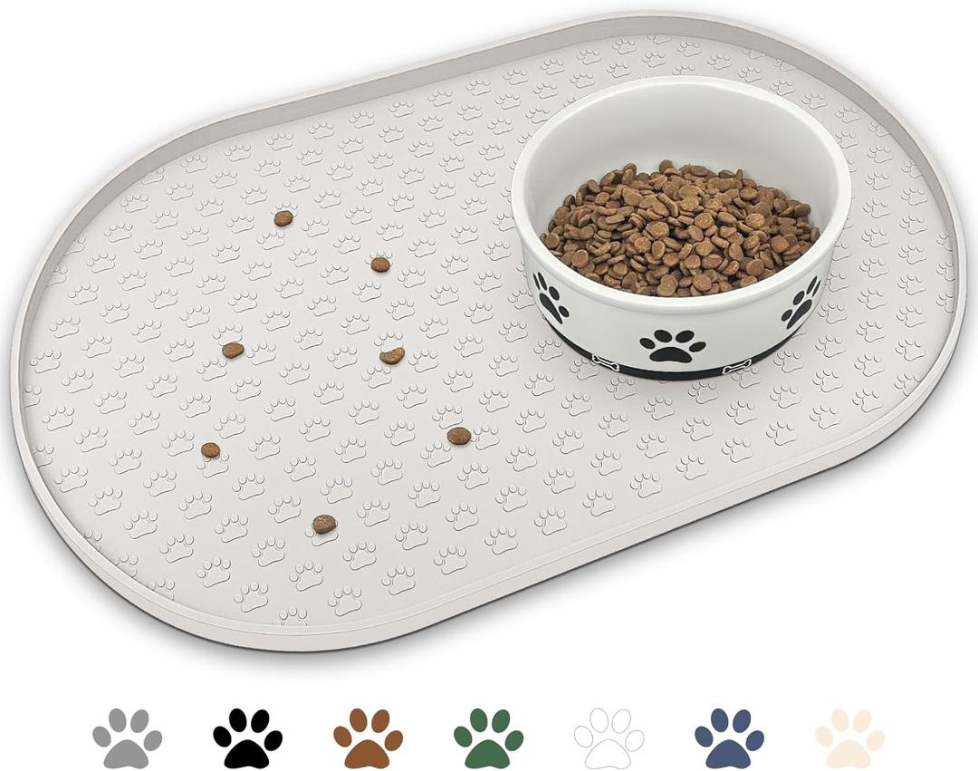 KPWACD Dog Food Mat Anti-Slip Bowl Mats for Food and Water, High-Lips Waterproof Pet Placemat Prevent Messy Spills to Floor, Silicone Puppy Feeding Trays for Large Medium Small Dogs Cats (Many Paw - 18"x12", Cream)
