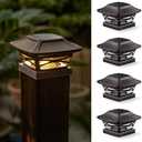 OPOIRA Wood Grain Solar Post Cap Lights, Dual-Core LED Fence Lights with Craftsman Design, 4 Pack Waterproof Outdoor Caps for 4x4 Wooden/Vinyl Post (Brown)