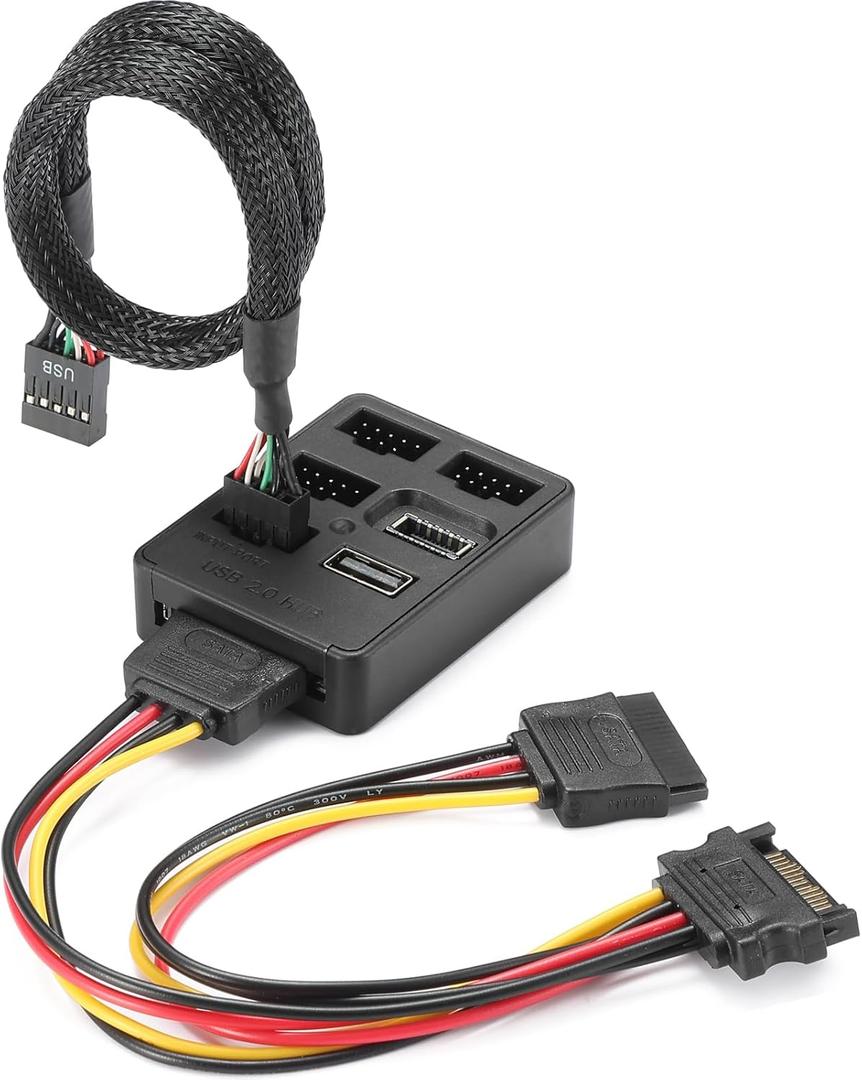 Multi-Port Internal USB Hub with Motherboard Splitter - 5 Internal USB 2.0 Port Distributor, SATA Power Extension Cable, 9-Pin USB 2.0 Header Distributor for PC Case Expansion - Plug & Play