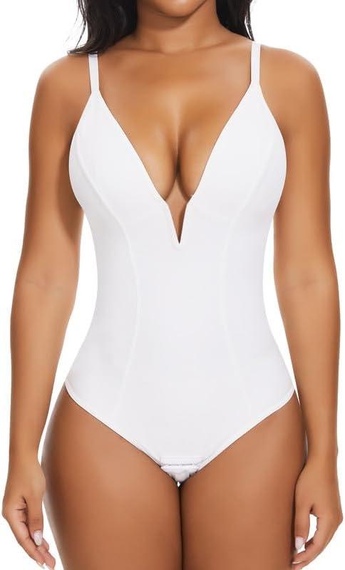 SHAPERIN Women's Deep V Neck Bodysuit Double Lined Plunge Tummy Control Shapewear Thong Body Suits Backless Cami Tank (White) Small