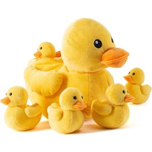 Prextex Duck Family Adventure Plush - 6pcs Playset With 5 Cute Baby Ducklings, Fluffy Cuddly Stuffed Animal, Yellow Soft Toy, Great Gift, Stocking Fillers for Kids Decor