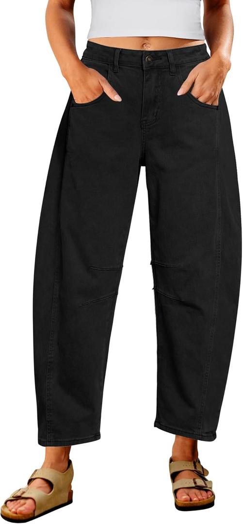 Utyful Barrel Jeans Women Cropped Baggy Trendy High Waisted Distressed Loose Stretch Denim Trouser Jeans with Pockets (Medium, True Black)