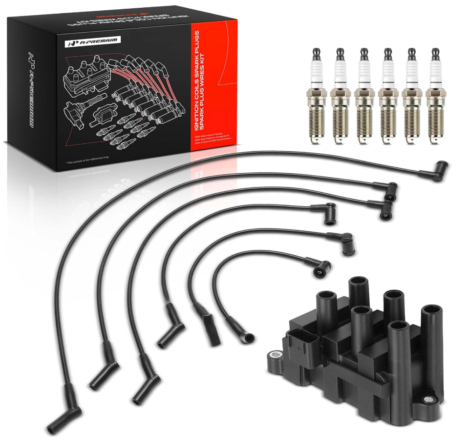 A-Premium 1 Ignition Coils with 6 Spark plug Wires and 6 Iridium Spark Plugs Compatible with Ford Ranger 2001-2003 V6 3.0L & Mazda B3000 2001 V6 3.0L, FLEX
