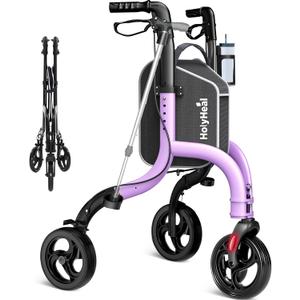 3 Wheel Walkers for Seniors, Lightweight Rollator Walkers Foldable for Elderly with Cane Hold and Cup Hold, Height Adjustable Aluminum Three Wheel Rolling Walker Mobility Aid, Purple