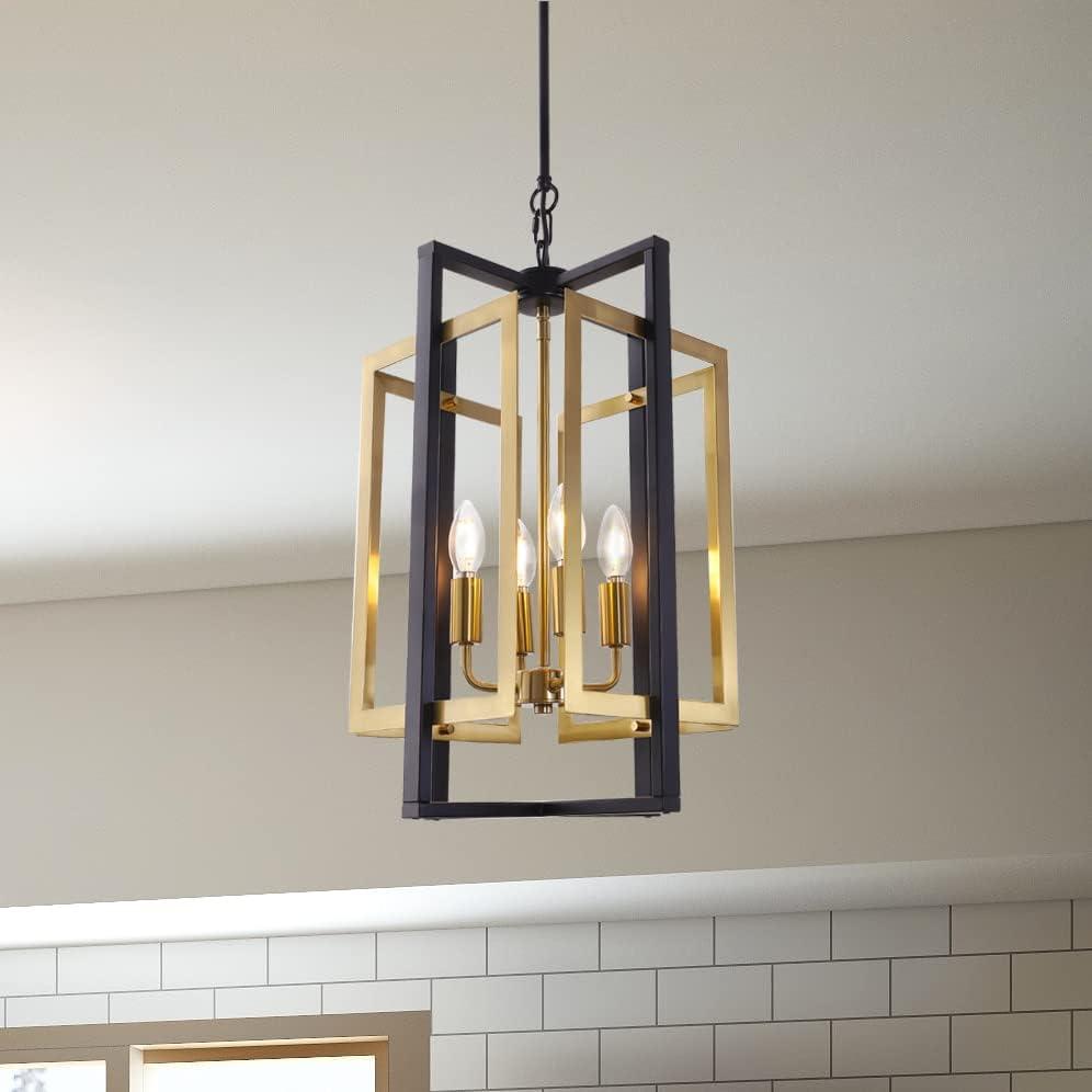 TOCHIC Black-Gold Metal Farmhouse Chandelier, 4 Light Geometric Cage Chandelier Candle Pandent Light for Hallway Entryway Living Room Kitchen Island Foyer Bar